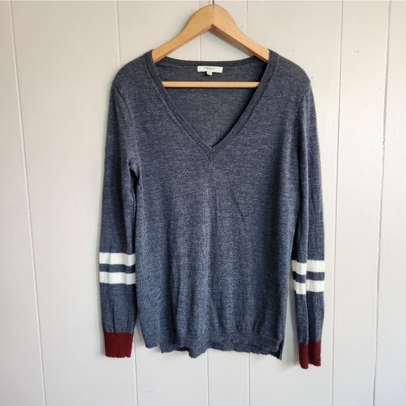 Madewell First Draft Varsity Stripe Merino Wool V-Neck Sweater Gray Size M - Picture 2 of 13